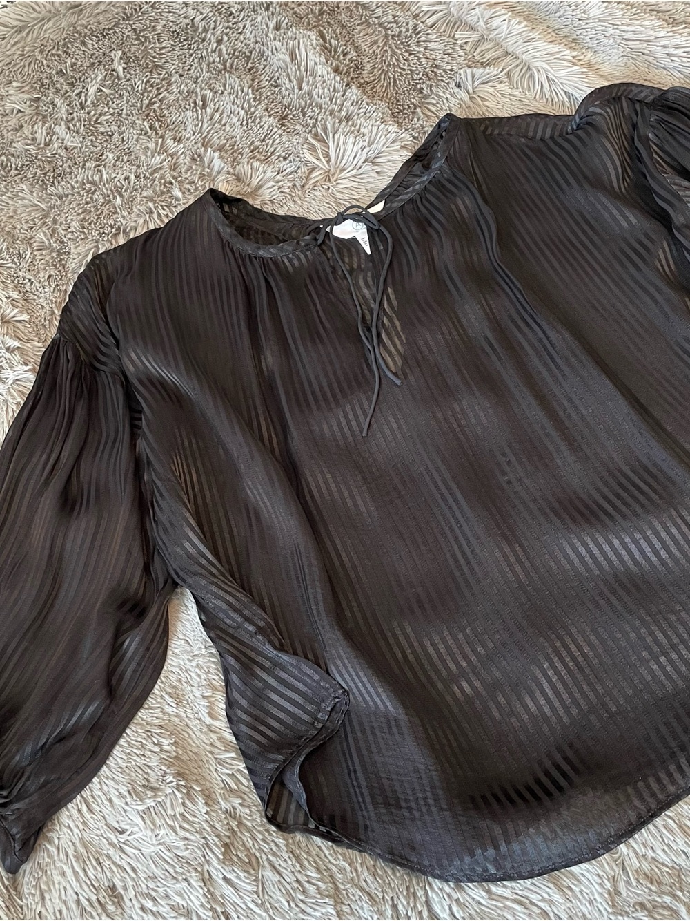 Addition Elle Black Sheer Striped Tie-Neck Blouse - Picture 9 of 15